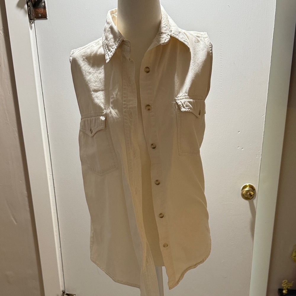 Sleeveless Cream Button-Up Shirt